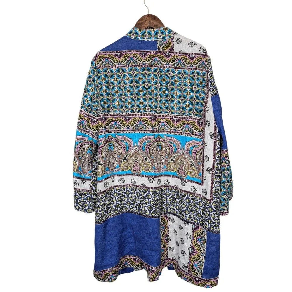 Chicos Linen Floral Paisley Kimono Jacket Size 2 12/14